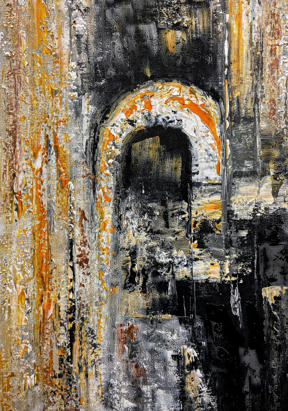 Golden Passage Abstract Arch Painting (ART-8156-121919) - Handpainted Art Painting - 15in X 21in