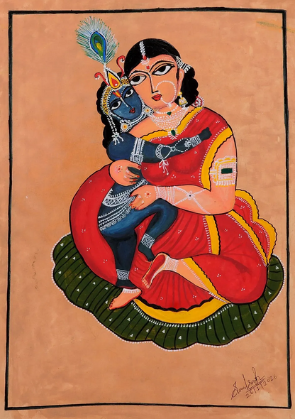 Kalighat Painting - Maa Yashoda And Bal Krishna (ART-1389-122114) - Handpainted Art Painting - 10in X 14in