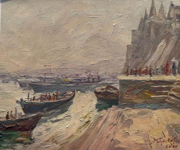 Banaras Ghat (ART-15644-122206) - Handpainted Art Painting - 16in X 12in