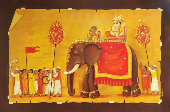 The Devine Journey Of Lord Ganesha (ART-15181-122243) - Handpainted Art Painting - 72in X 48in