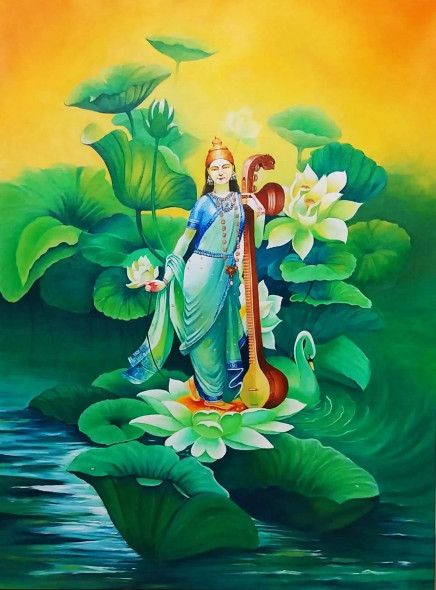 Goddess Saraswati (ART-1806-122224) - Handpainted Art Painting - 30in X 40in