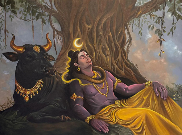 Nandi’s Mahadev (ART-1818-122266) - Handpainted Art Painting - 48in X 36in