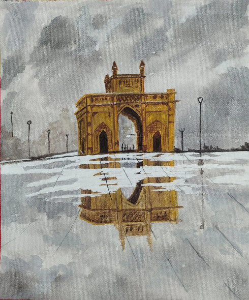 The Golden Gateway In Rain (ART-16710-122332) - Handpainted Art Painting - 10in X 12in