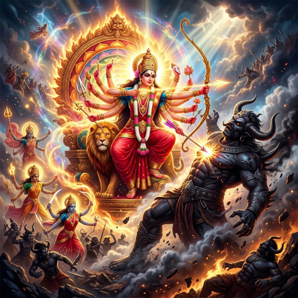 Lalitha Tripura Sundari - Slayer Of Bhandasura | Victory Of Beauty Over Ego (PRT-8740-122383) - Canvas Art Print - 12in X 12in