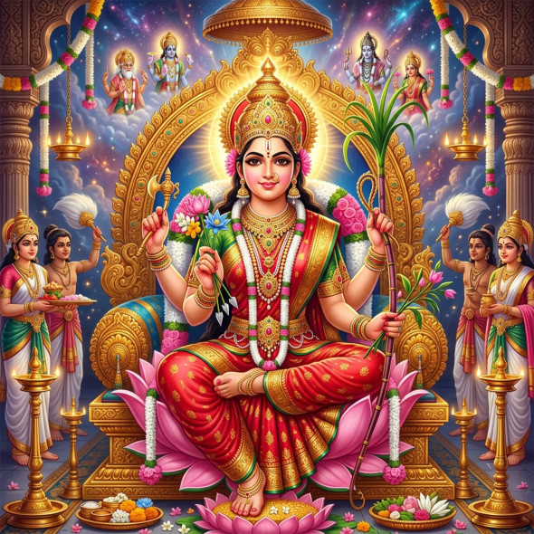 Lalitha Tripura Sundari - The Five Flowered Arrows | Goddess Of The Senses (PRT-8740-122381) - Canvas Art Print - 12in X 12in