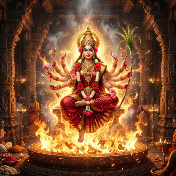 Lalitha Tripura Sundari - Beauty Of The Three Worlds | Goddess Of Three Realms | Spiritual Wall Art (PRT-8740-122377) - Canvas Art Print - 18in X 18in