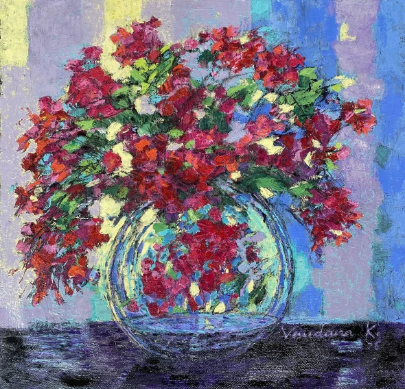 Bougainvillea In Vase (ART-18240-122409) - Handpainted Art Painting - 23in X 22in