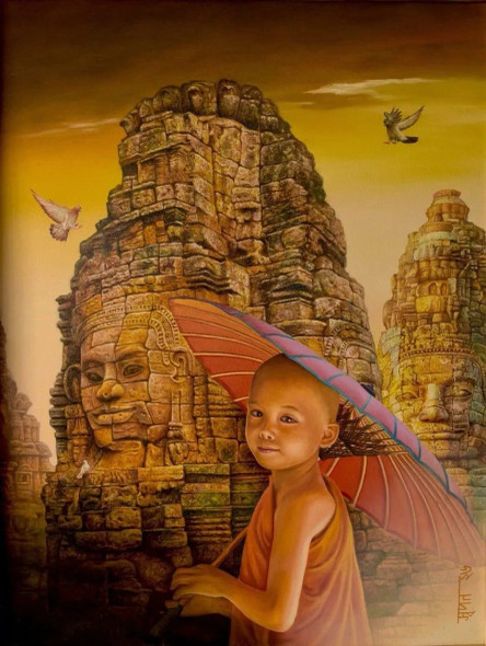 Monk With Umbrella (ART-1758-122336) - Handpainted Art Painting - 30in X 40in