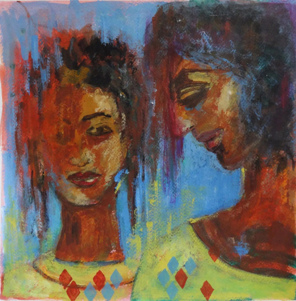 Echoes Of Sisterhood - Two Women Acrylic Painting (ART-18519-122372) - Handpainted Art Painting - 12in X 12in