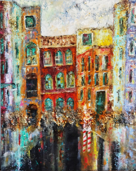 Somewhere In A City Semi Abstract Mixed Media Painting (ART-18519-122340) - Handpainted Art Painting - 16in X 20in