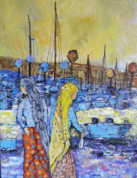 Coastal Region With Fisherwomen Acrylic Painting (ART-18519-122337) - Handpainted Art Painting - 12in X 16in