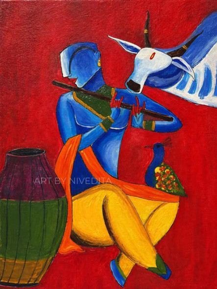 Melody Of Krishna (ART-18509-122312) - Handpainted Art Painting - 10in X 13in
