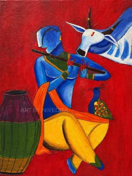 MELODY OF KRISHNA: The Music Of Inner Peace (ART-18509-122312) - Handpainted Art Painting - 10in X 13in