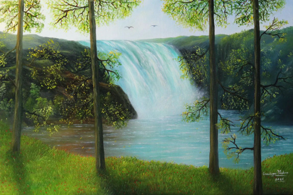Waterfall Landscape Painting (ART-976-122357) - Handpainted Art Painting - 36in X 24in