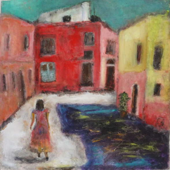A Quiet Neighborhood Oil Painting (ART-18519-122342) - Handpainted Art Painting - 16in X 17in