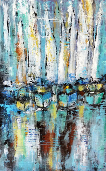 Reflections Of The Harbor Abstract Acrylic Painting (ART-18519-122345) - Handpainted Art Painting - 12in X 19in