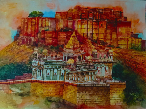 Dawn At Yaswant Thada Infront Of Mehrangarh Fort. (ART-8538-122454) - Handpainted Art Painting - 30in X 22in