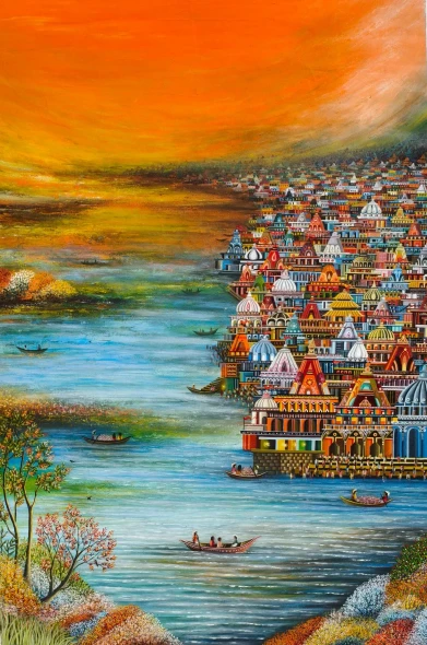 Sunset Over The Spiritual City (ART-8439-122449) - Handpainted Art Painting - 34in X 50in