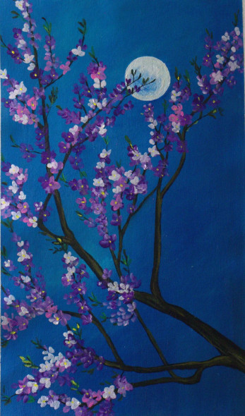 "Cherry Blossoms Under The Blue Moon" (ART-18526-122442) - Handpainted Art Painting - 12in X 21in