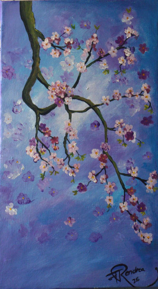 "Cherry Blossoms Against Blue Sky" (ART-18526-122440) - Handpainted Art Painting - 12in X 21in
