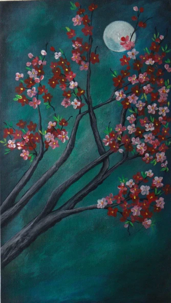Red Cherry Blossoms Under Moonlight (ART-18526-122439) - Handpainted Art Painting - 12in X 21in