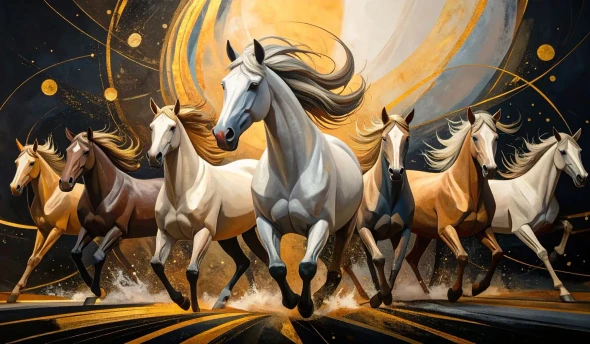 The Golden Gallop – Seven Horses Of Prosperity (PRT-17594-122498) - Canvas Art Print - 24in X 14in