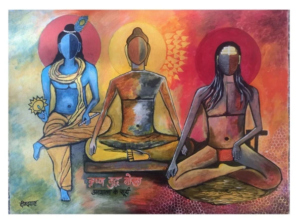 Krishna Buddh And Goraksh (ART-17698-122526) - Handpainted Art Painting - 33in X 25in