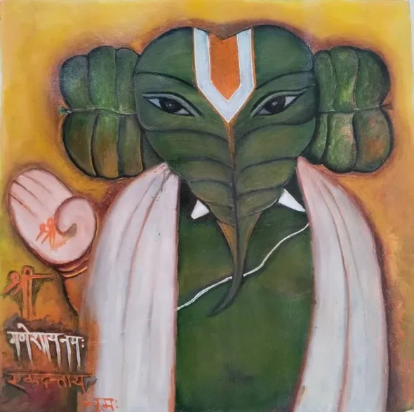 Vighnaharta "Leaf Ganesha" (ART-17518-122557) - Handpainted Art Painting - 16in X 16in
