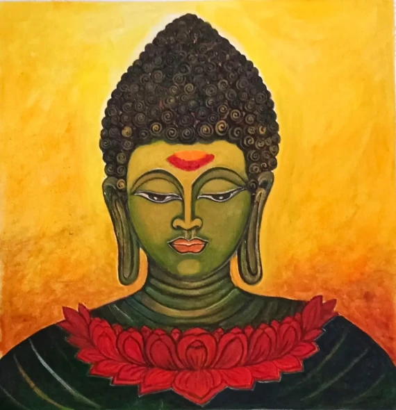 The Lucky Lotus Buddha (ART-17518-122555) - Handpainted Art Painting - 15in X 16in