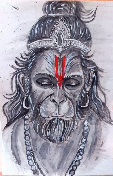Meditating Lord Hanuman Original Gouache Painting On Paper (ART-18547-122550) - Handpainted Art Painting - 8in X 11in