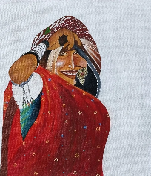 Rajasthani Women (ART-6189-122547) - Handpainted Art Painting - 11in X 12in
