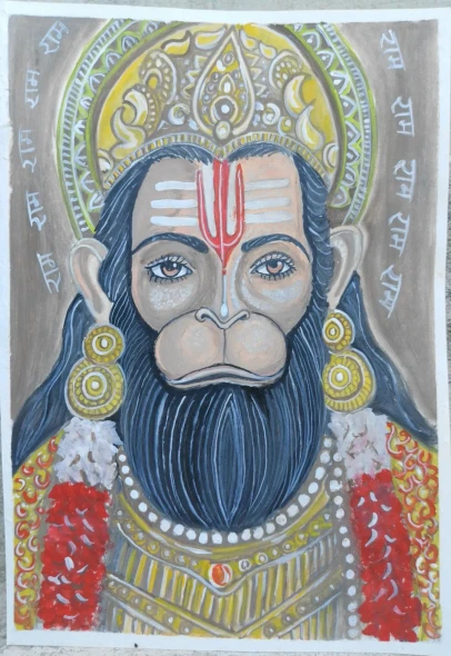 Lord Hanuman Divine Multicolor Portrait Painting On Paper (ART-18547-122520) - Handpainted Art Painting - 8in X 11in