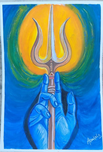 Lord Shiva Trishul Divine Blue Hand Painting On Paper (ART-18547-122519) - Handpainted Art Painting - 8in X 11in
