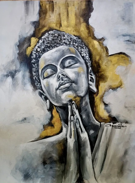Golden Serenity – Contemporary Buddha Portrait (ART-3674-122516) - Handpainted Art Painting - 18in X 24in