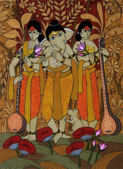 Riddhi Siddhi Ganesha (ART-3324-122512) - Handpainted Art Painting - 35in X 47in