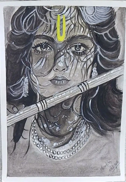 Lord Krishna Gouache Painting - "The Divine Flute" (ART-18547-122488) - Handpainted Art Painting - 8in X 11in