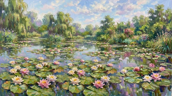 Lily Reflections Aglow (013709) (PRT-15697-122635) - Canvas Art Print - 60in X 33in