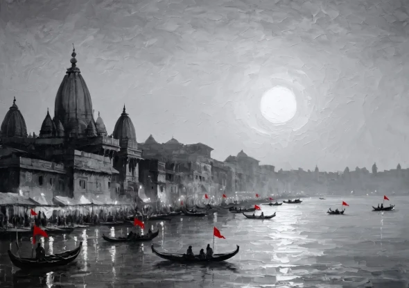 Banaras Ghat Painting (ART-3319-122616) - Handpainted Art Painting - 36in X 24in