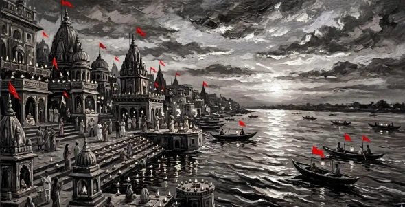 Varanasi Ghat Painting (ART-3319-122602) - Handpainted Art Painting - 48in X 30in