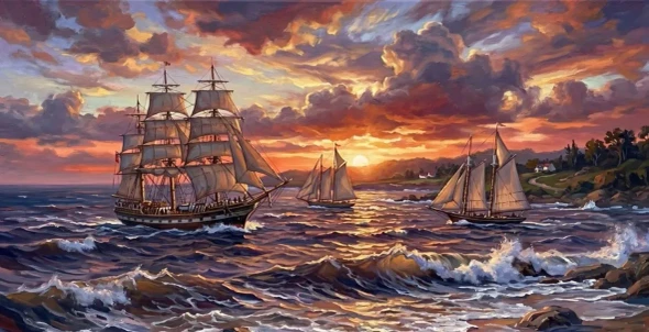 Handmade Acrylic Style Tall Ship Painting - Vintage Nautical Ocean Canvas Art (ART-3319-122600) - Handpainted Art Painting - 60in X 30in