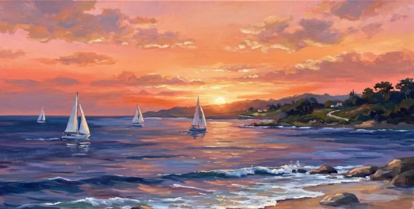 Handmade Acrylic Style Sailboat Painting - Sunset Ocean Seascape Canvas Art (ART-3319-122599) - Handpainted Art Painting - 60in X 24in