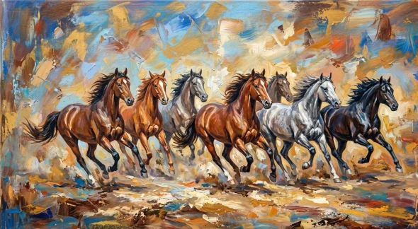 7 Running Horses Painting Vastu (ART-3319-122597) - Handpainted Art Painting - 48in X 30in