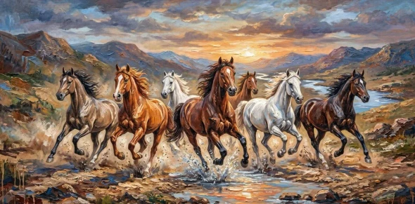 7 Running Horses As Per Vastu Shashtra (ART-3319-122595) - Handpainted Art Painting - 48in X 24in