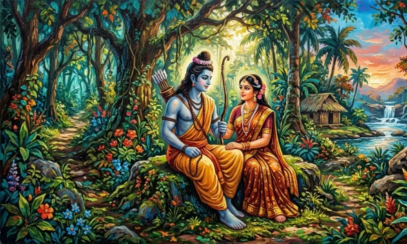 Handmade Acrylic Style Ram Sita Painting - Panchavati Forest Canvas Art (ART-3319-122594) - Handpainted Art Painting - 60in X 30in