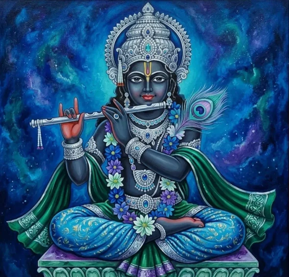 Handmade Acrylic Style Lord Krishna Painting - Divine Krishna Playing Flute Canvas Art (ART-3319-122590) - Handpainted Art Painting - 28in X 28in