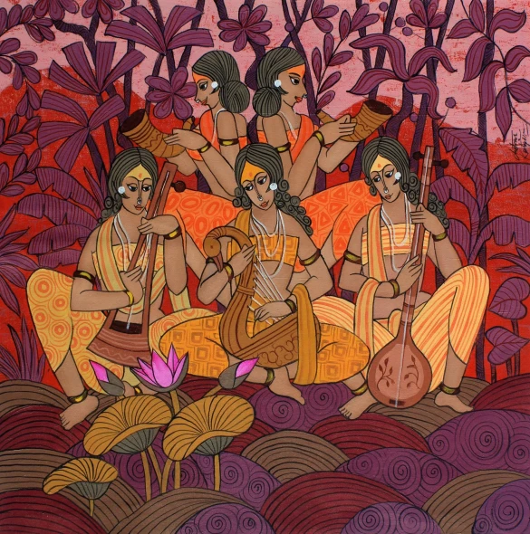 Women Of Raga (ART-3324-122573) - Handpainted Art Painting - 33in X 33in