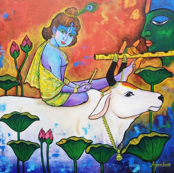 Bal Krishna (ART-82-122629) - Handpainted Art Painting - 36in X 36in