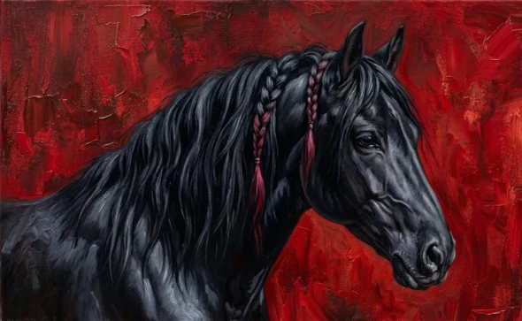 Handmade Black Horse Portrait - Textured Spatula Style Animal Artwork (ART-3319-122621) - Handpainted Art Painting - 40in X 30in
