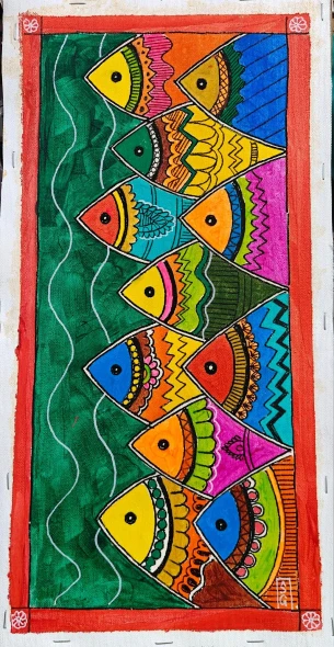 Madhubani Fish Symphony (ART-7902-122609) - Handpainted Art Painting - 9in X 18in