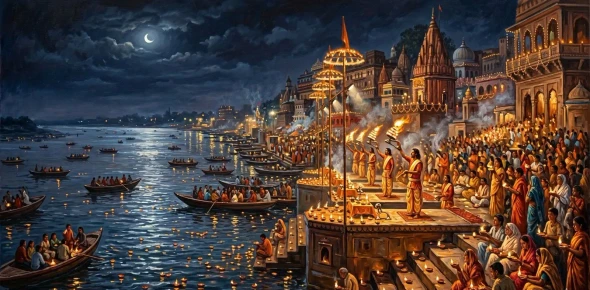 Varanasi Ghat Painting Ganga Aarti Mesmerizing View (ART-3319-122604) - Handpainted Art Painting - 60in X 30in